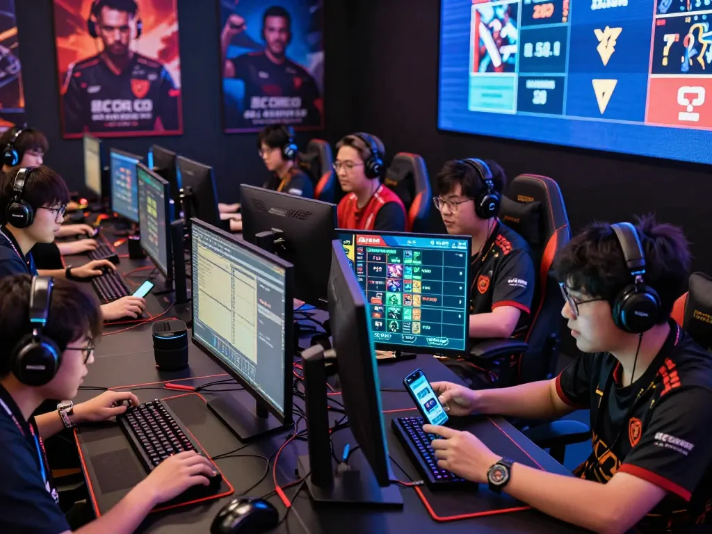 Gamers engaged in esports betting singapore, focused on screens with colorful gaming gear, discussing strategies in an energetic environment.