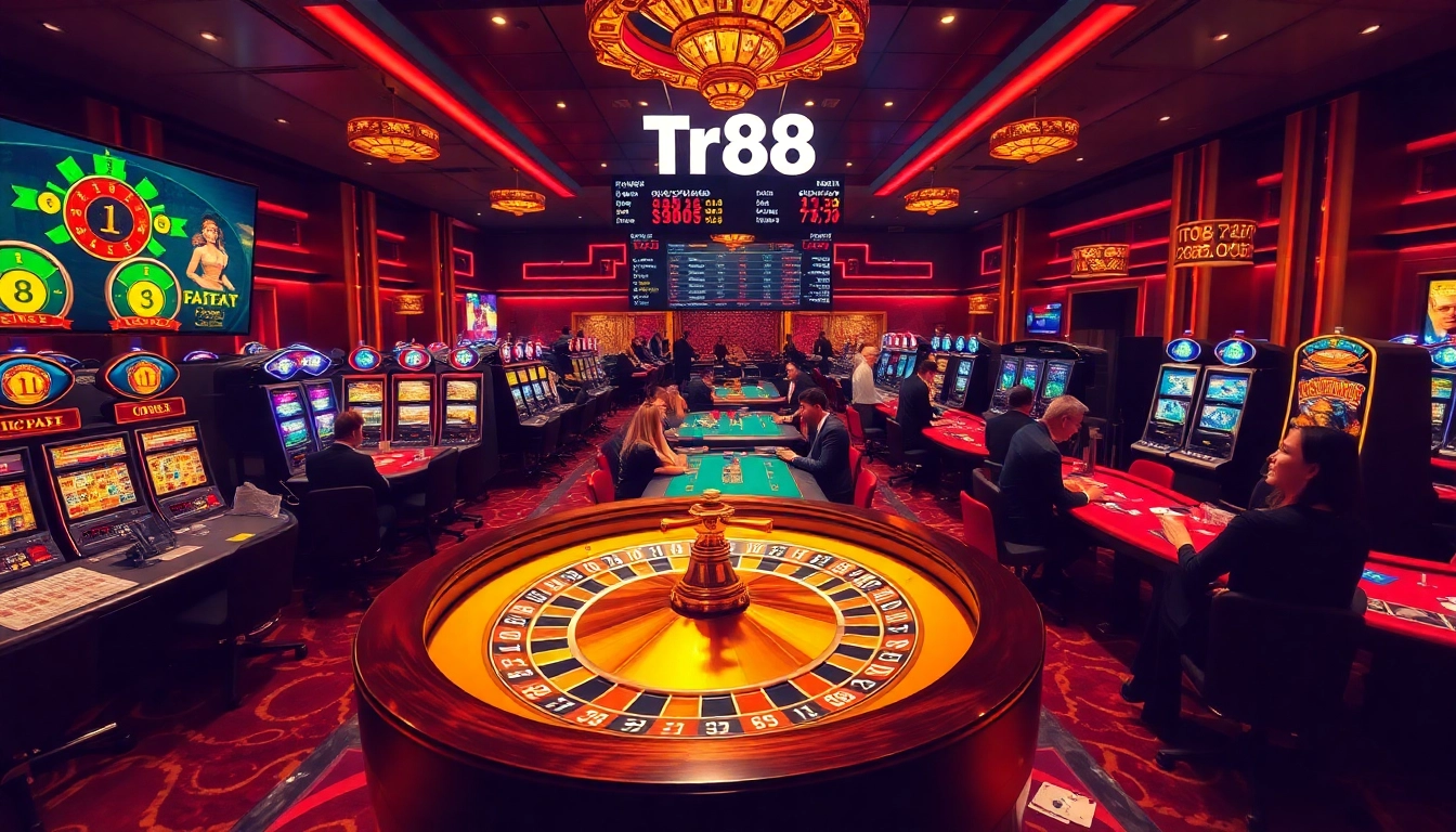 Players enjoying high-stakes wagering at a bustling casino table with tr88 odds displayed.