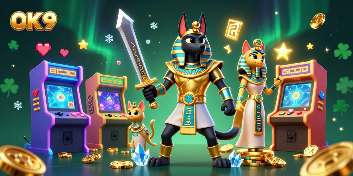 Engage in exhilarating gaming action with OK 9 featuring Anubis and Bastet in a vibrant casino scene.