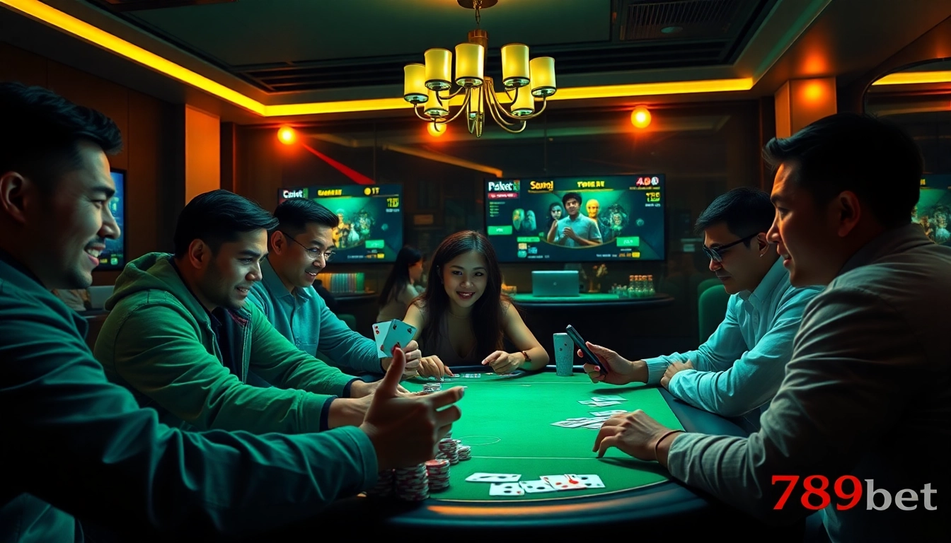 Engaging online gambling scene with 789bet poker and casino games, showcasing excitement and luxury.