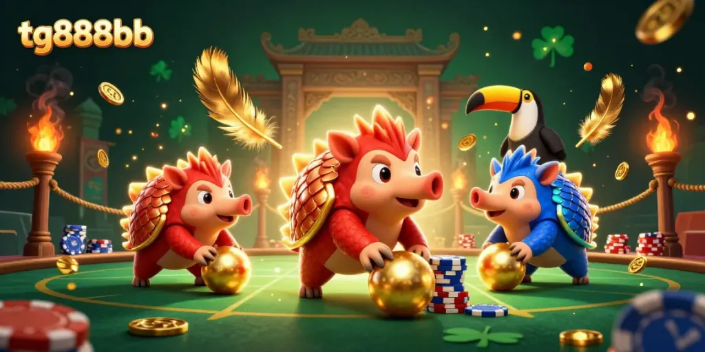 Engaging tg888bb scene of colorful pangolins competing with poker chips in a vibrant casino environment.