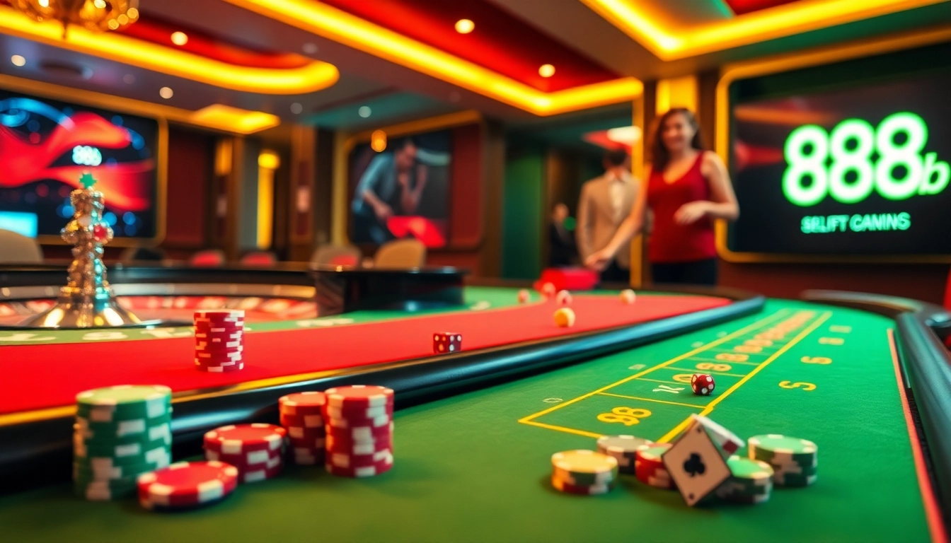 Experience the thrill of gambling with 888b at a vibrant casino table featuring poker chips and a spinning roulette wheel.