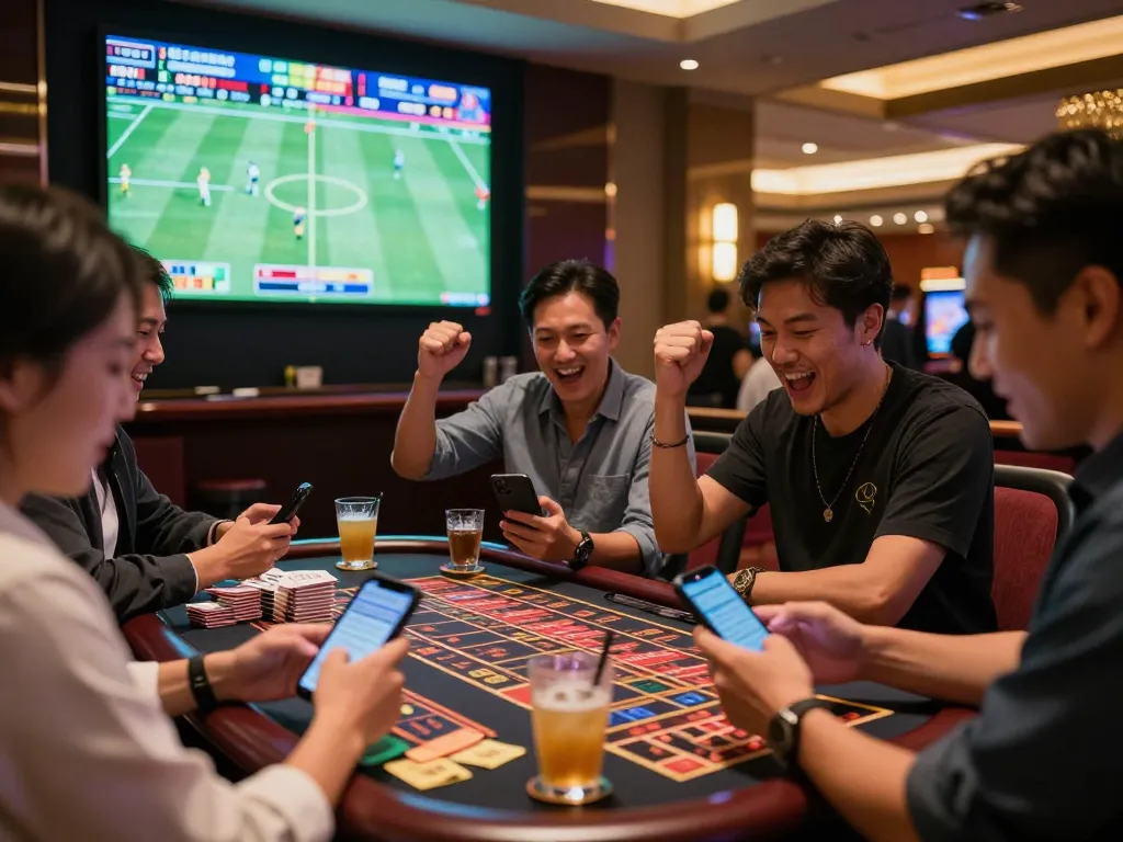 Engaged bettors placing sports bets at the casino while watching resultsfootball live on screens