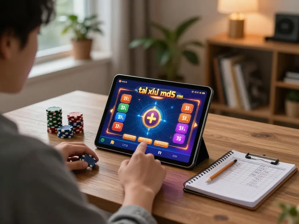A player enjoying tài xỉu md5 com on a tablet, surrounded by betting strategy notes in a warm home setting.