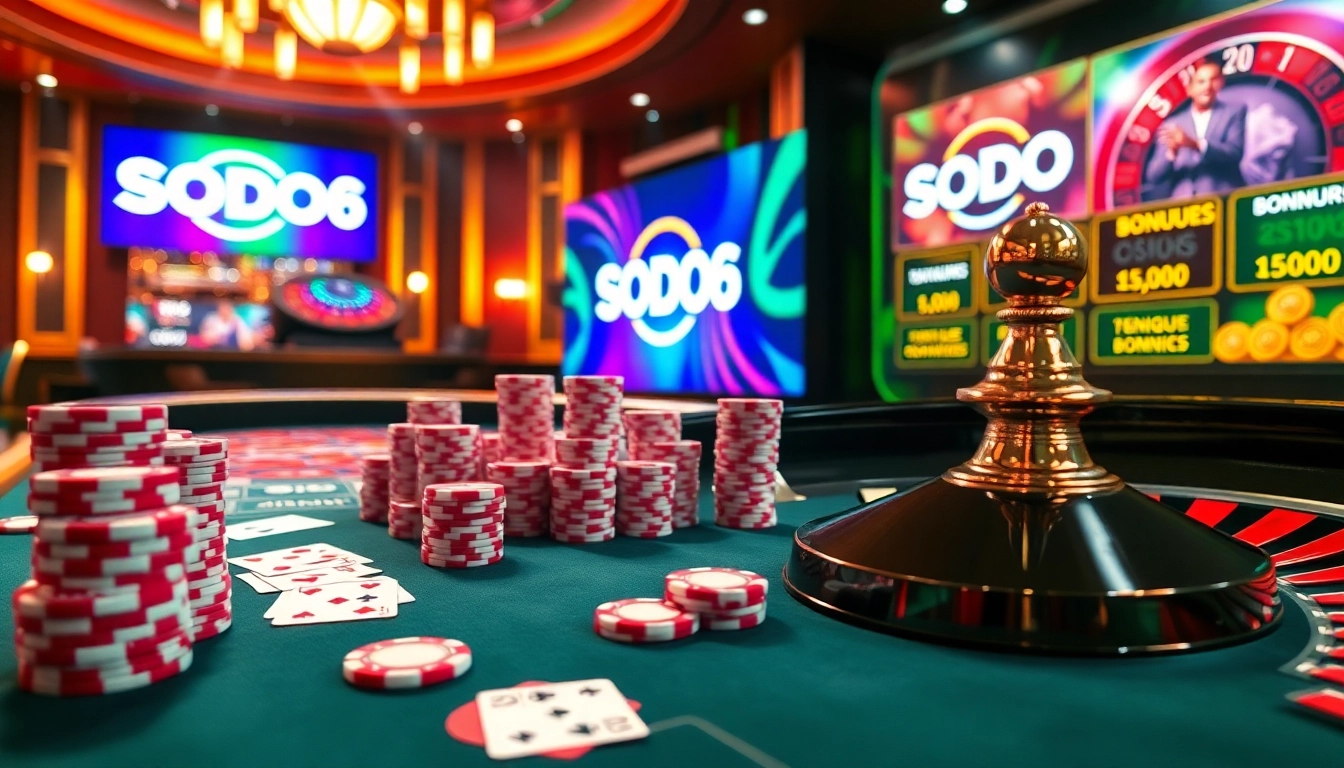 SODO66 showcases an immersive casino experience with vibrant poker chips and a spinning roulette wheel.