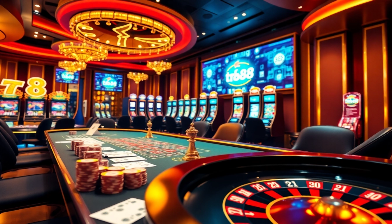 Players enjoying a thrilling casino game at TR88, surrounded by vibrant gaming elements like chips and cards.