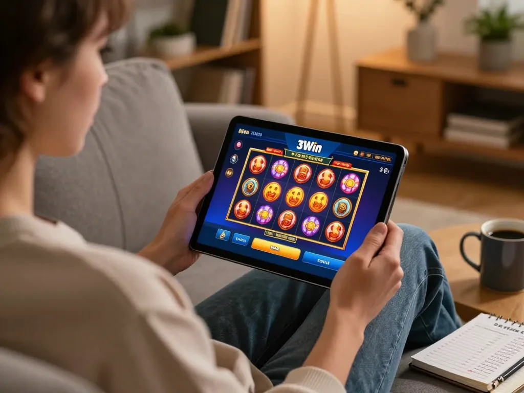 Engaging with the 3Win casino app for online gambling in a cozy home setting.