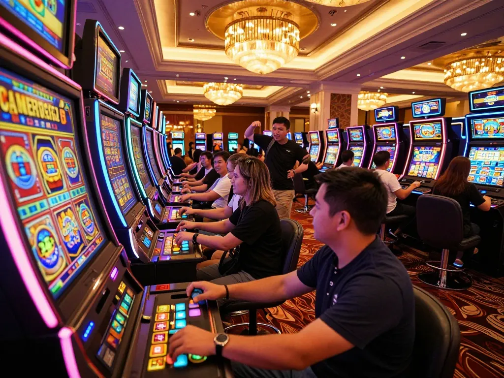 Players enjoying vibrant slot machines at open88 com's thrilling casino, celebrating wins with excitement.