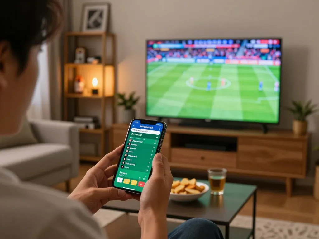 Placing bets on ผลบอลวันนี้ while watching live sports on TV in a lively home setting
