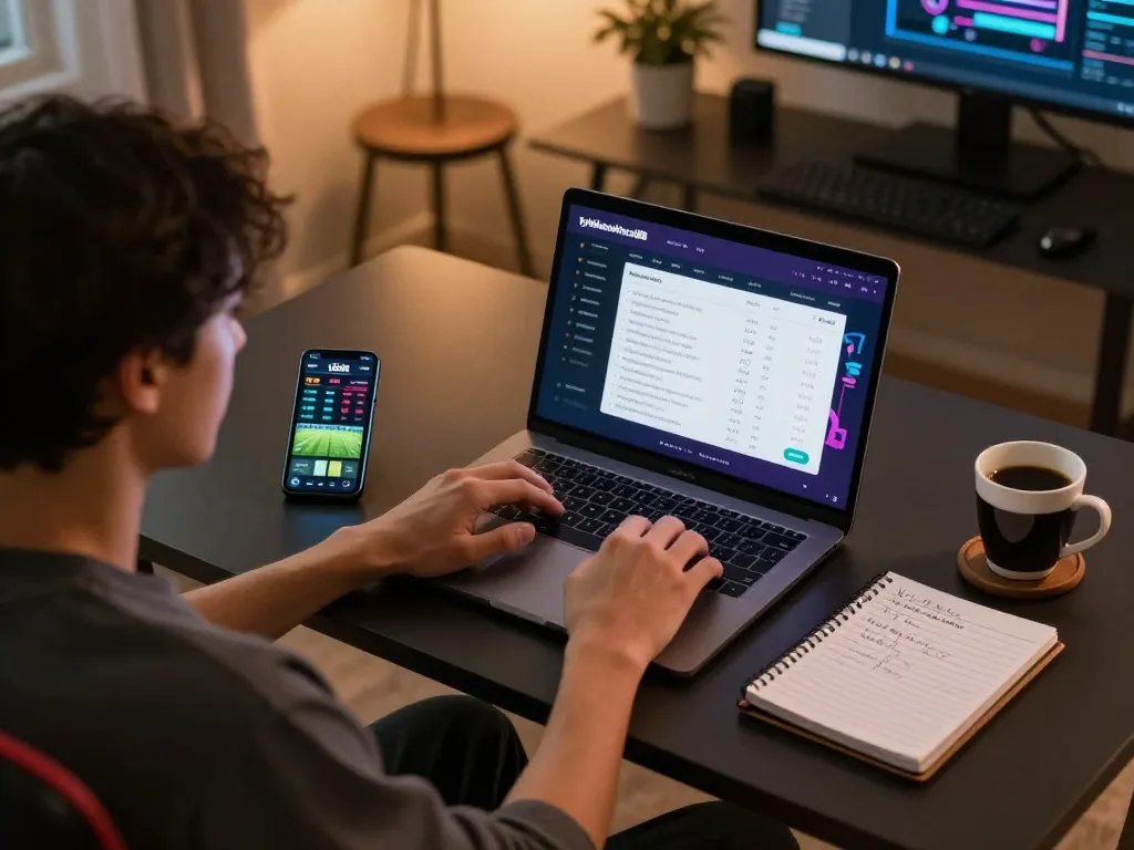 Person engaging with the tylekeonhacai88 app on a laptop, illustrating online betting strategy and responsible gaming.