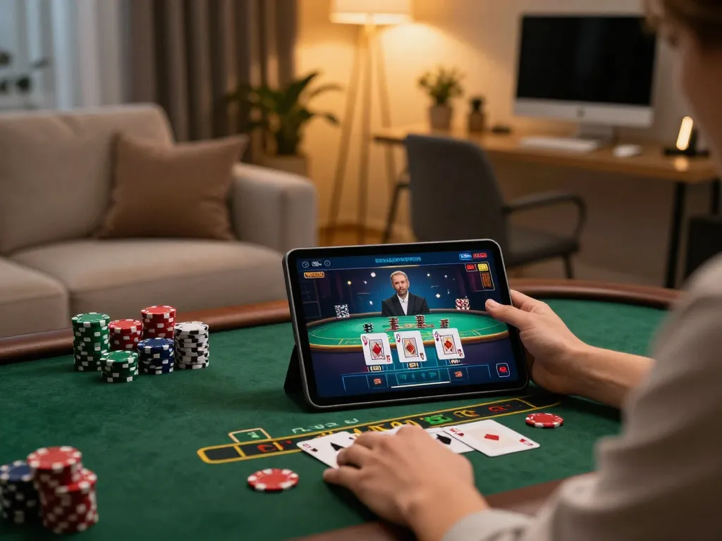 KUBET live dealer gaming session on tablet showcases strategic decisions in a stylish home setting.