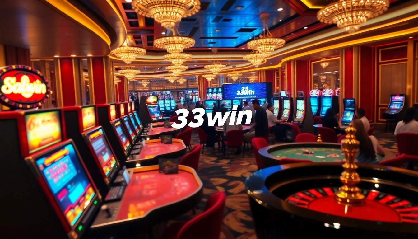 A thrilling casino scene with players enjoying various games at 33win's vibrant tables and slot machines.