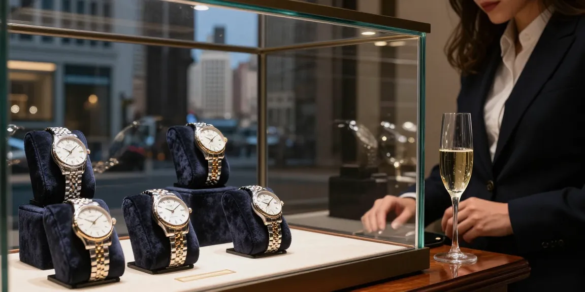 Admire luxury replica watches on display, showcasing intricate details and elegance in a sophisticated urban setting.