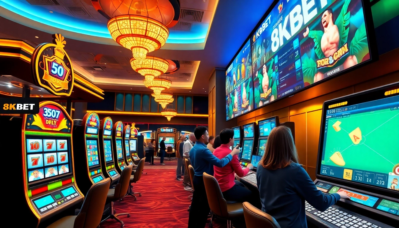 8kbet's engaging online gaming atmosphere with vibrant slot machines and sports betting.
