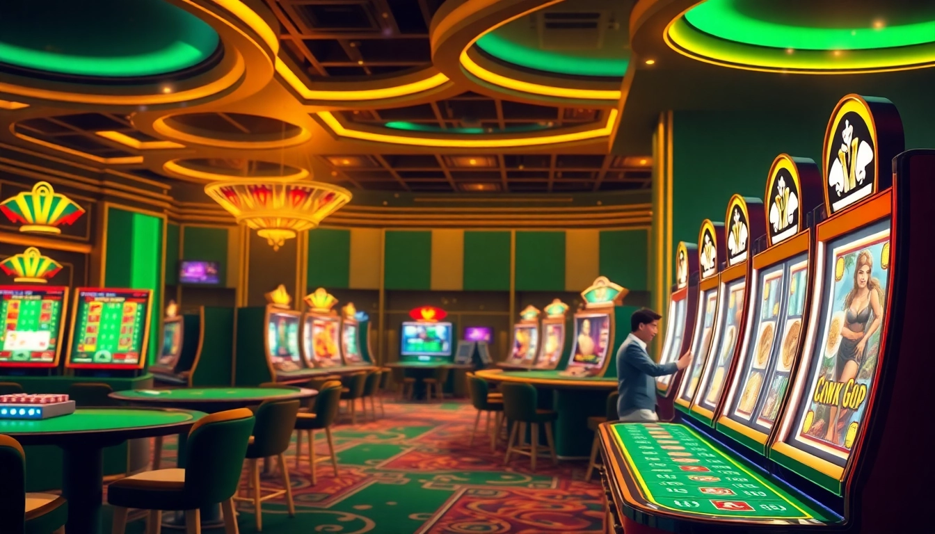 Experience the thrill of winning on the trang chủ 8kbet platform with vibrant casino visuals featuring slot machines and poker.