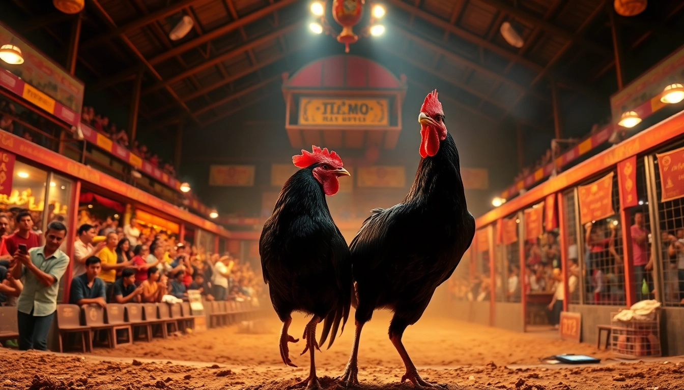 Rallying excitement around ĐÁ GÀ THOMO as spectators place bets in a vibrant cockfighting arena.