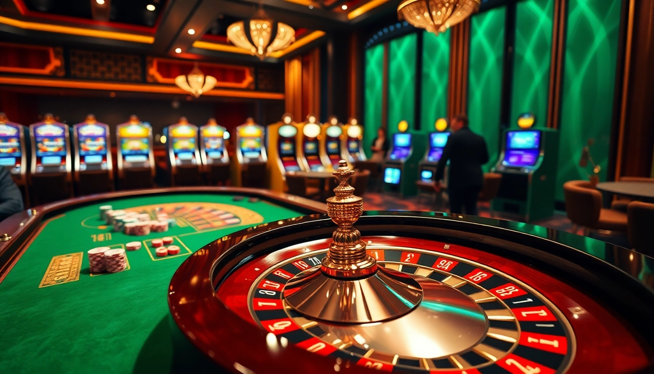 Engaging players at a luxurious casino scene with 8kbet roulette table and vibrant poker chips.