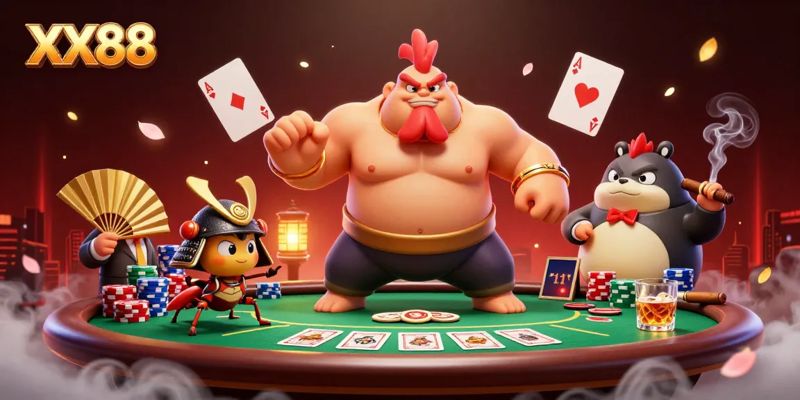Engage with the vibrant XX88 casino experience featuring a powerful sumo rooster and dynamic poker elements.
