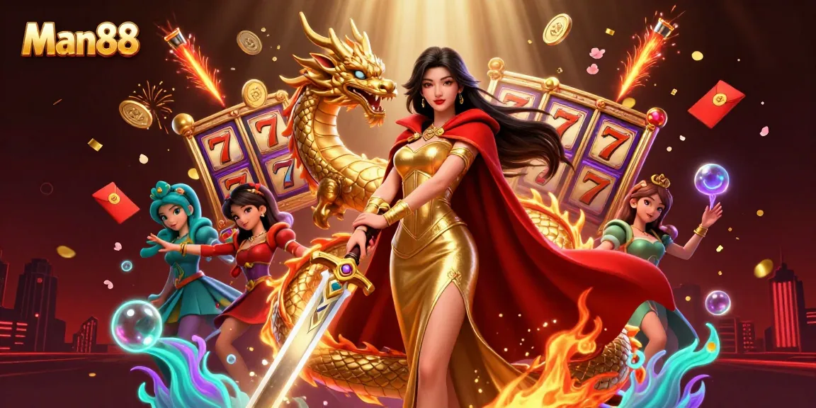 Experience the excitement of Man88 with a warrior queen and golden dragon in a vibrant casino scene.