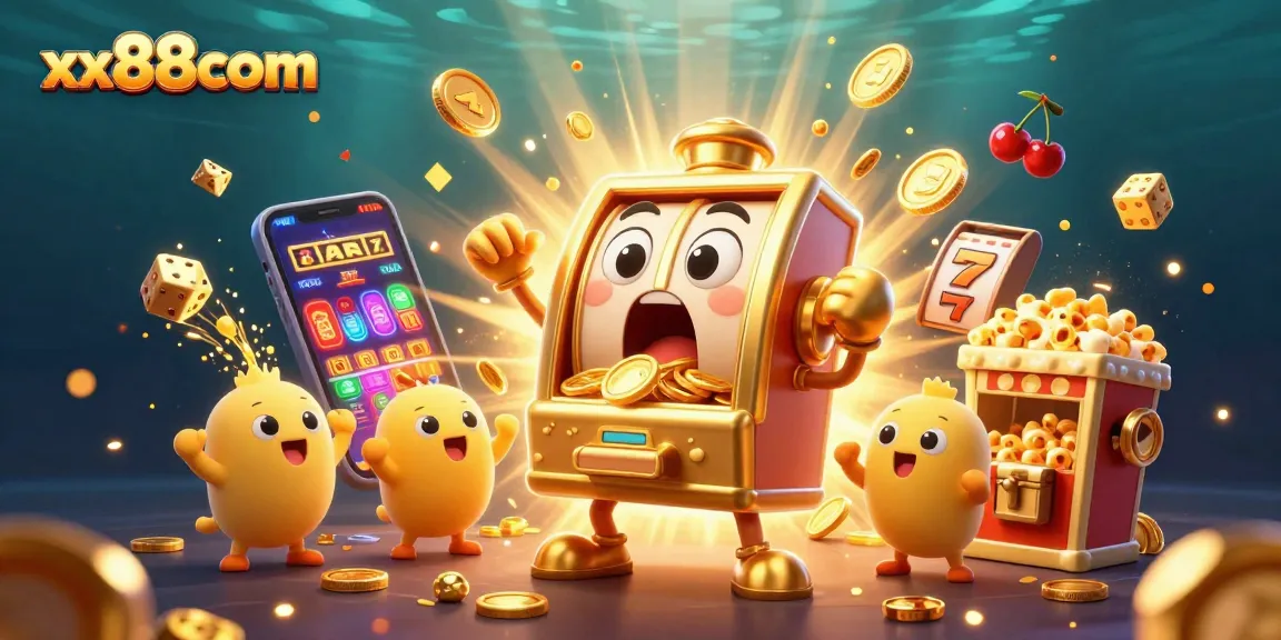 Experience jackpots with excitement at xx88com featuring animated slot machines bursting with coins.