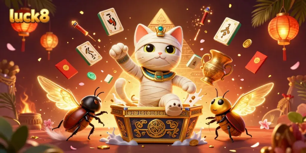 Experience luck8's vibrant casino adventure with lively characters and golden treasures.
