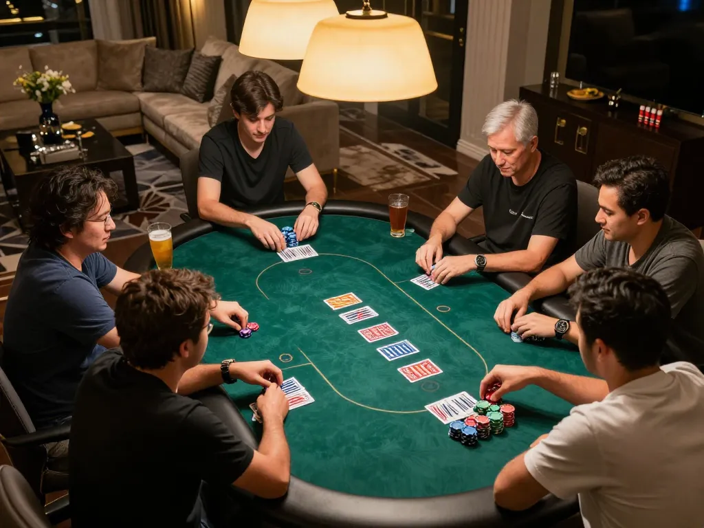 Players engage in a competitive poker game at home, showcasing XX88's thrilling gambling experience