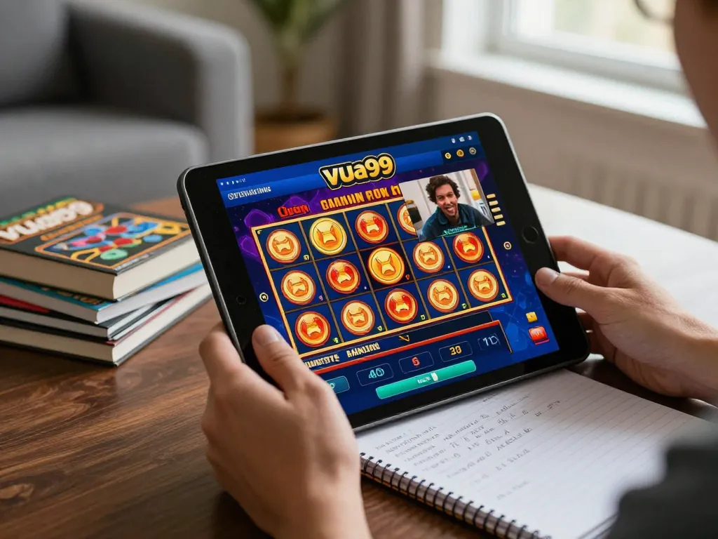 Engaging with the vua99 casino app on a tablet while planning winning strategies in a cozy home.