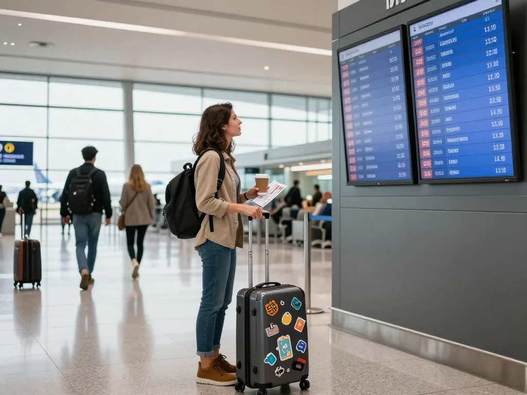 Traveler checking in for a flight at the airport terminal with the link 789P displayed on the information board.