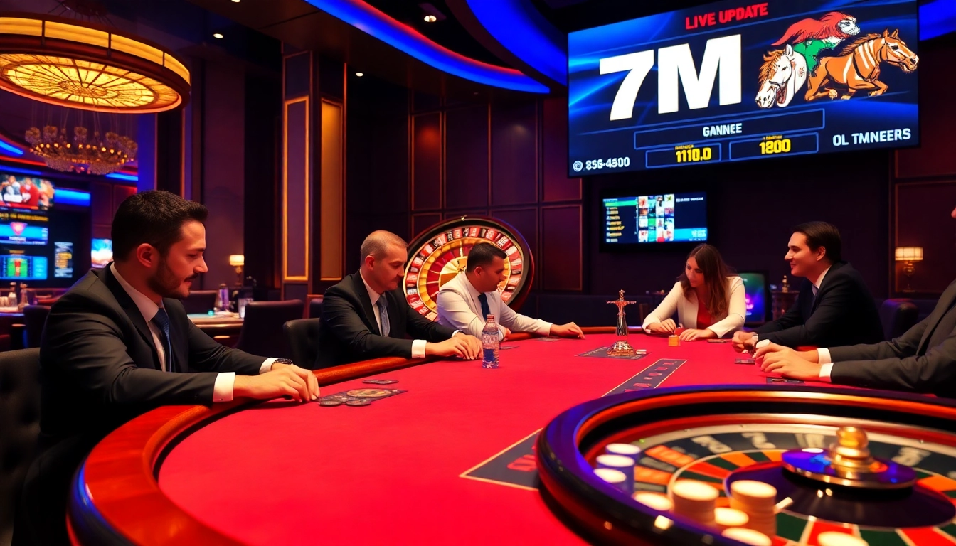 7M sports updates illuminate a high-stakes poker table in a luxurious casino.