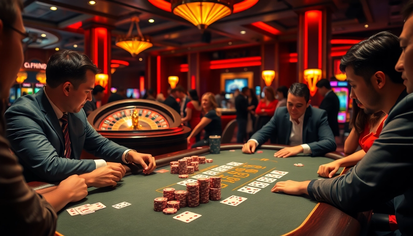 F168 casino players enjoying an exciting poker game at a luxurious gaming table.