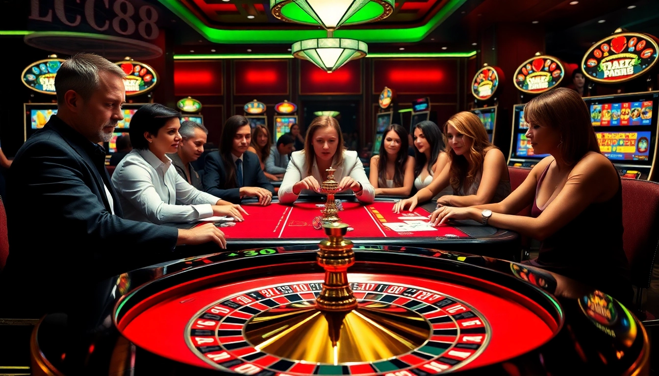 Players engage at the LC88 casino table, immersed in the thrill of high-stakes betting.