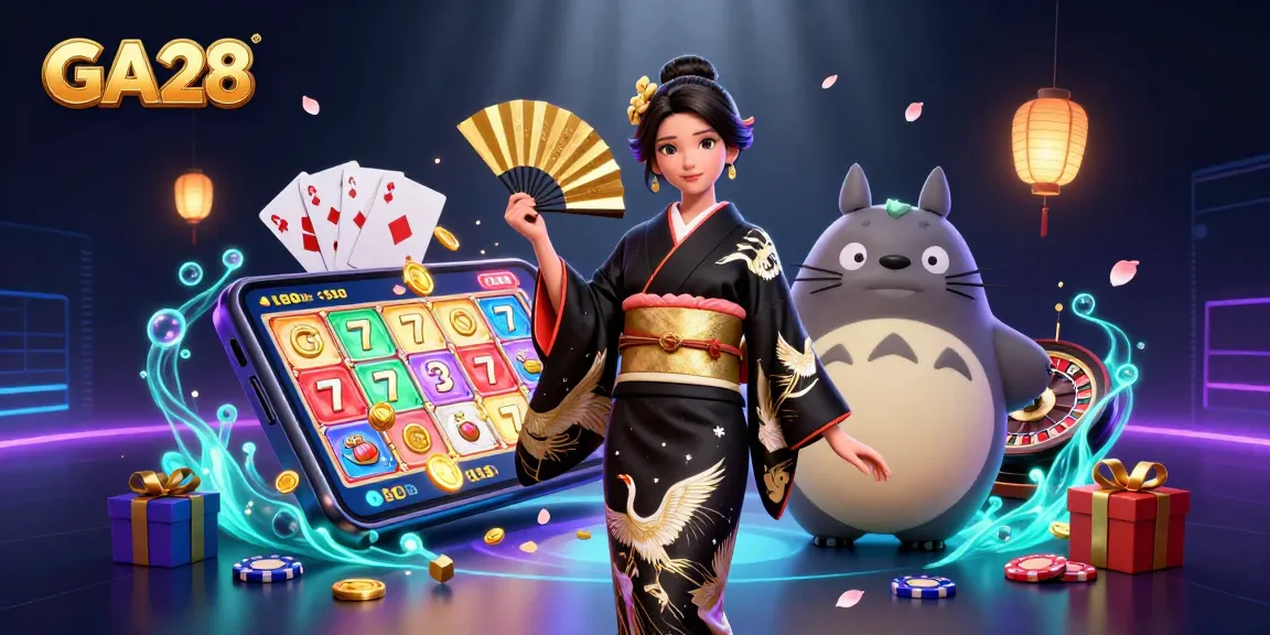Experience GA28 with an Asian woman in a kimono and a tanuki amidst vibrant casino elements.
