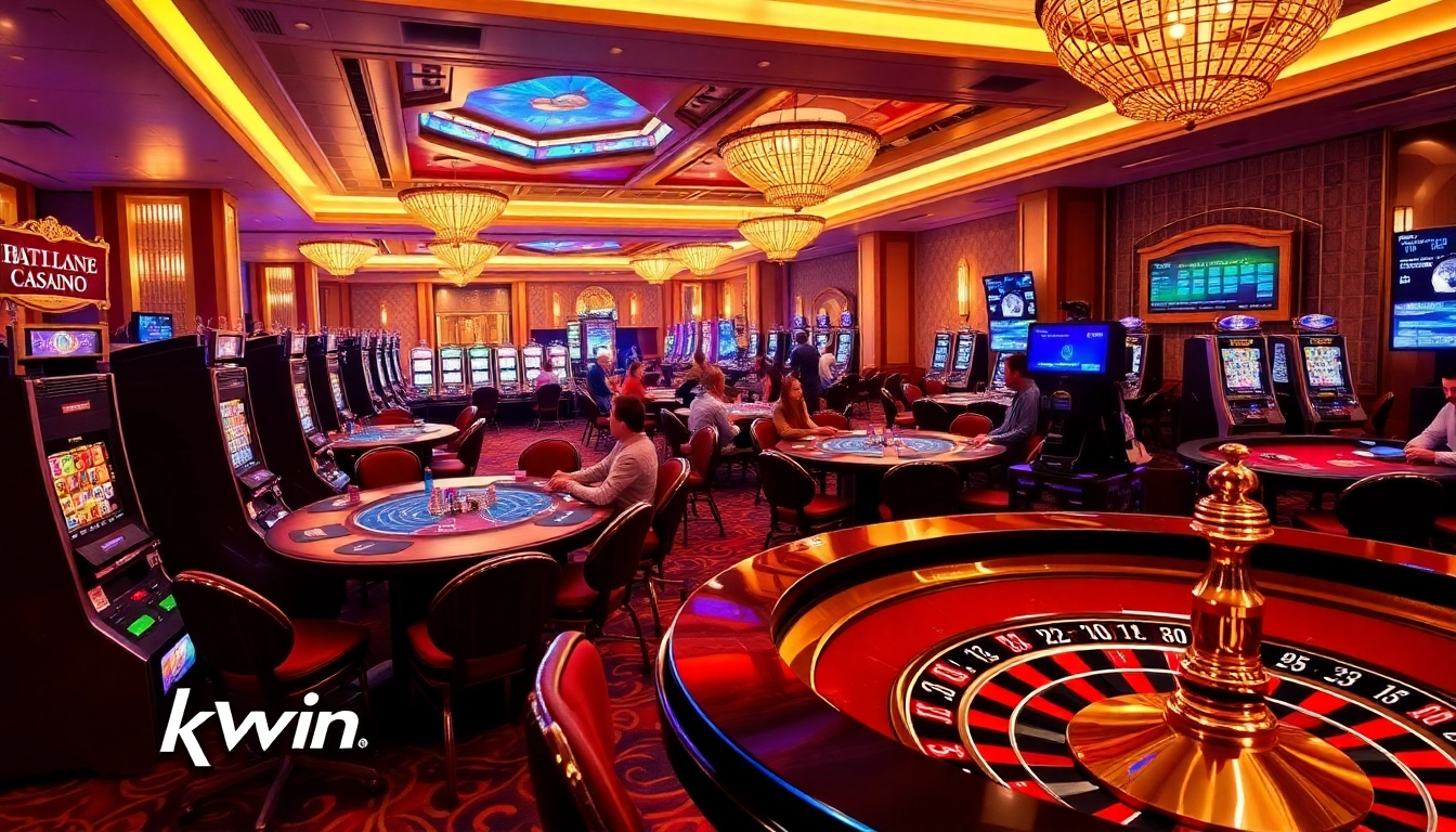 The thrilling atmosphere of kkwin casino, showcasing vibrant tables, slot machines, and live dealer interactions.