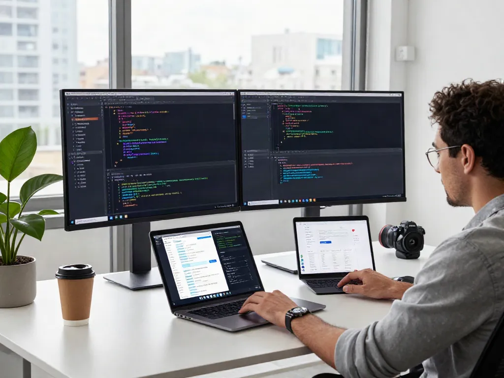 Developer coding on dual monitors in a modern tech workspace, emphasizing the tải app 78win atmosphere.
