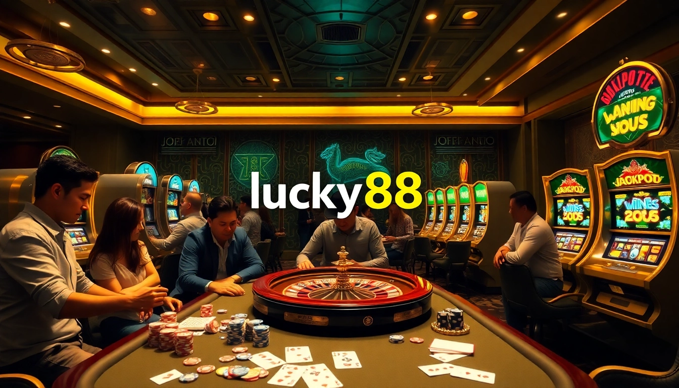 Players enjoying a thrilling game at lucky88 casino with vibrant slot machines and poker chips.