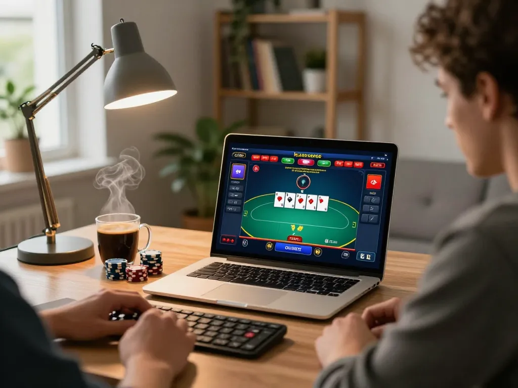 Player engaging with the VVVwin online poker game on a laptop, chips in play.