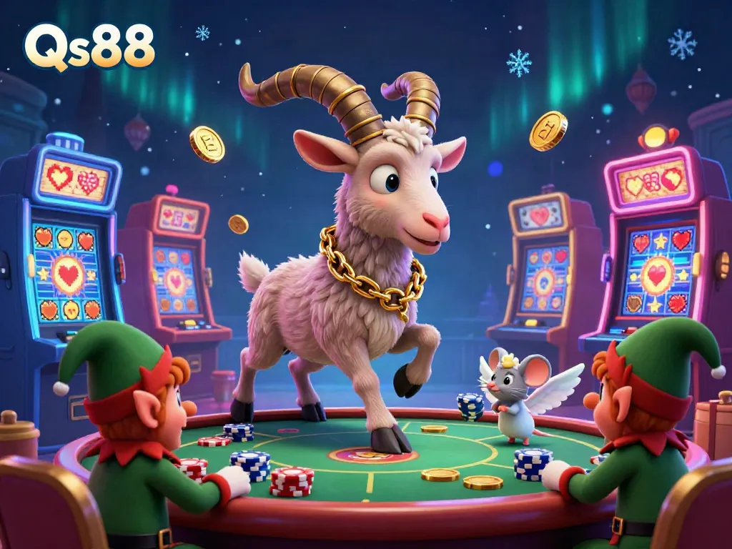 Experience the excitement in Qs88's magical casino scene, where Krampus and gremlins add thrill to the game.