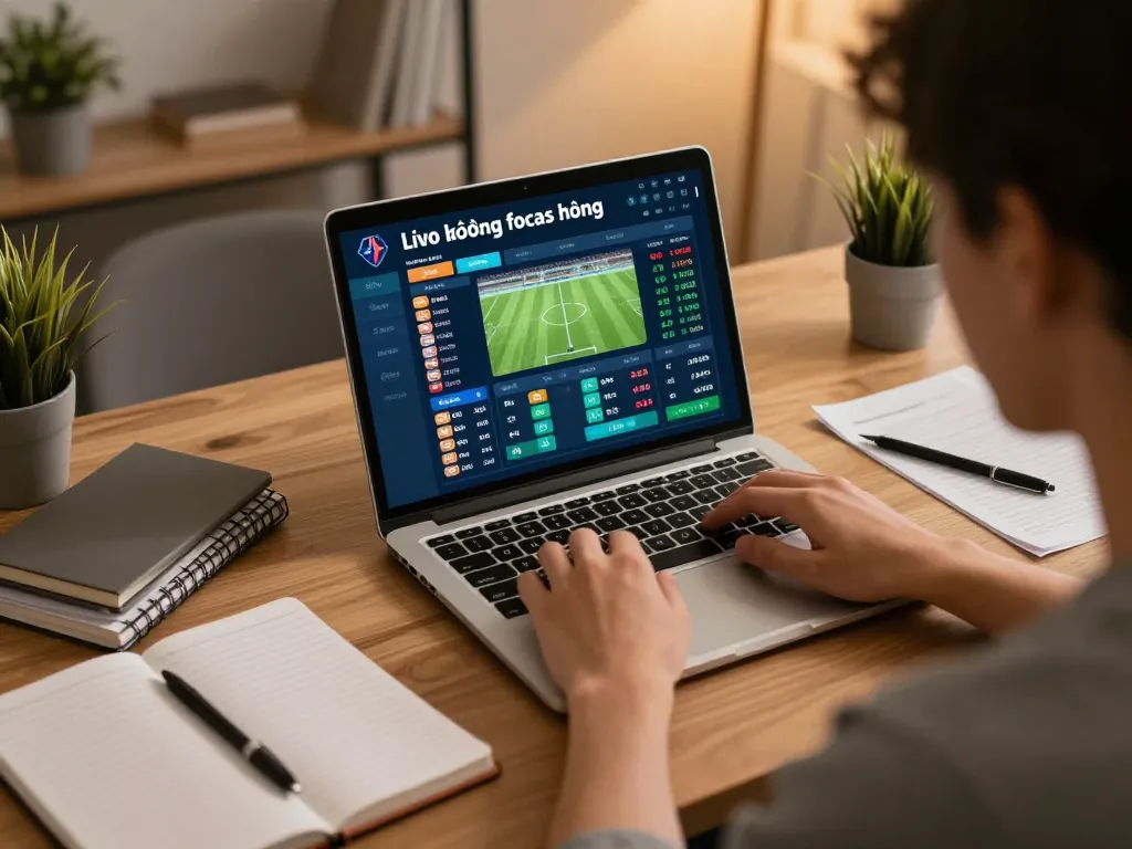 A person engaged in kèo bóng đá hôm nay while analyzing betting options on their laptop in a cozy home office.