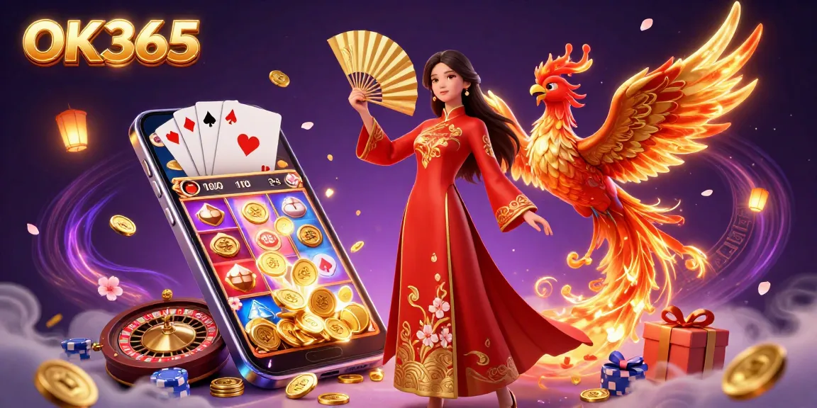 Spin and win with OK365 in a vibrant 3D casino scene showcasing dynamic gaming elements.