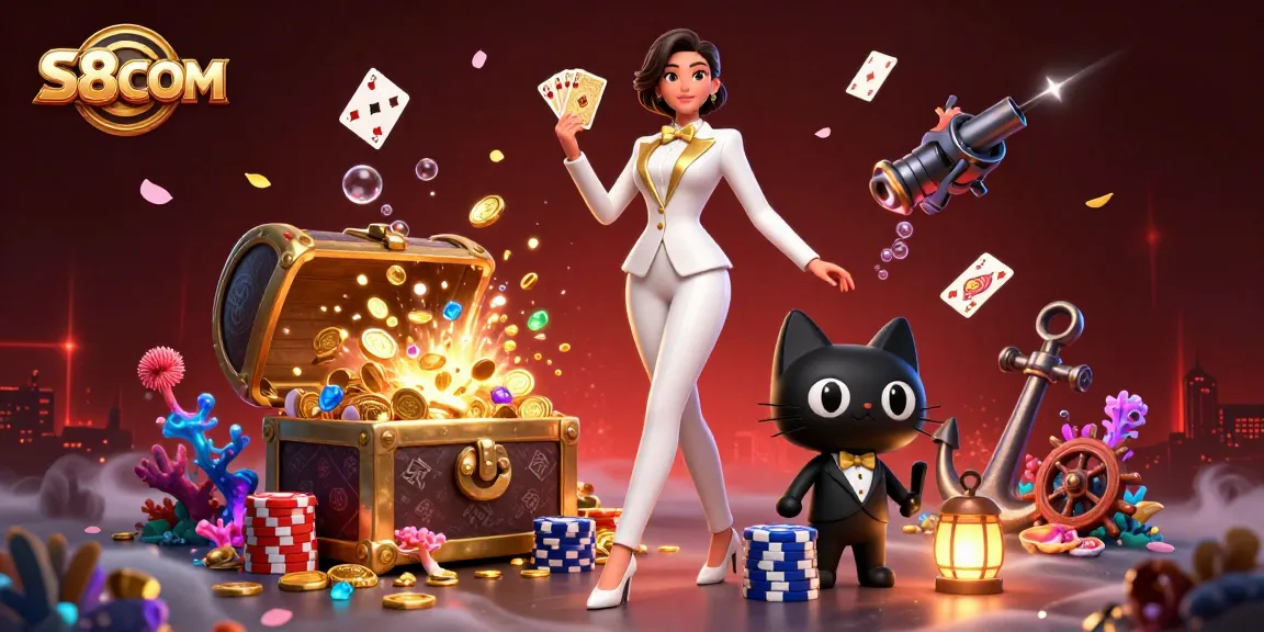 S8COM logo and glamorous woman shuffling cards, surrounded by casino treasures and glowing elements