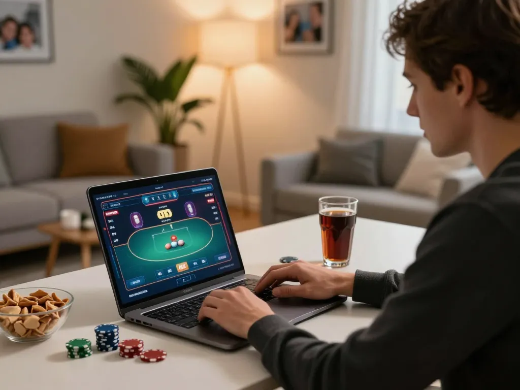 Online poker gameplay at home on https://lc88.jpn.com/, showcasing a focused player immersed in strategy.