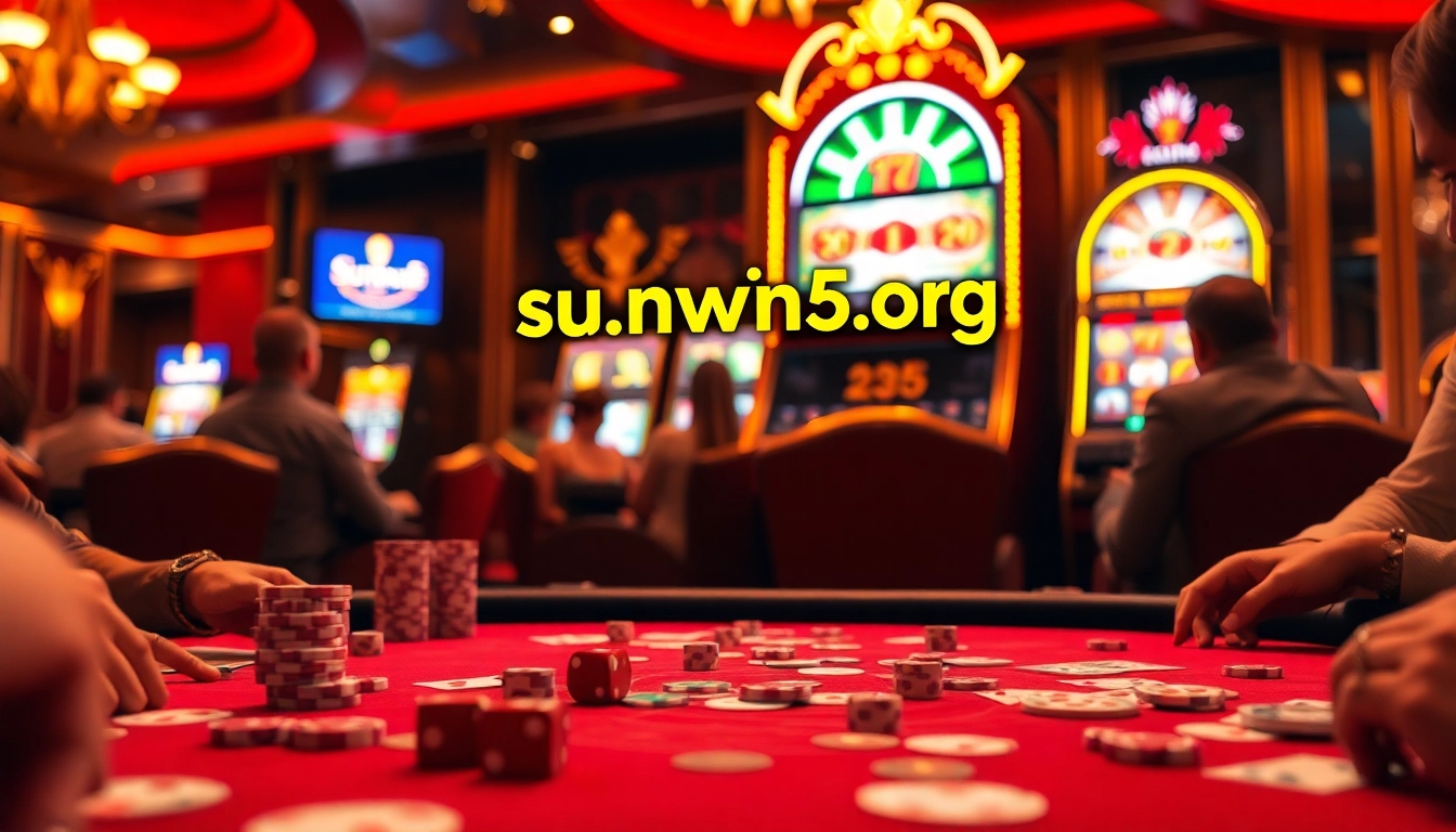 Exciting gambling action at https://sunwin5.org/ with vibrant casino tables, poker chips, and cards.