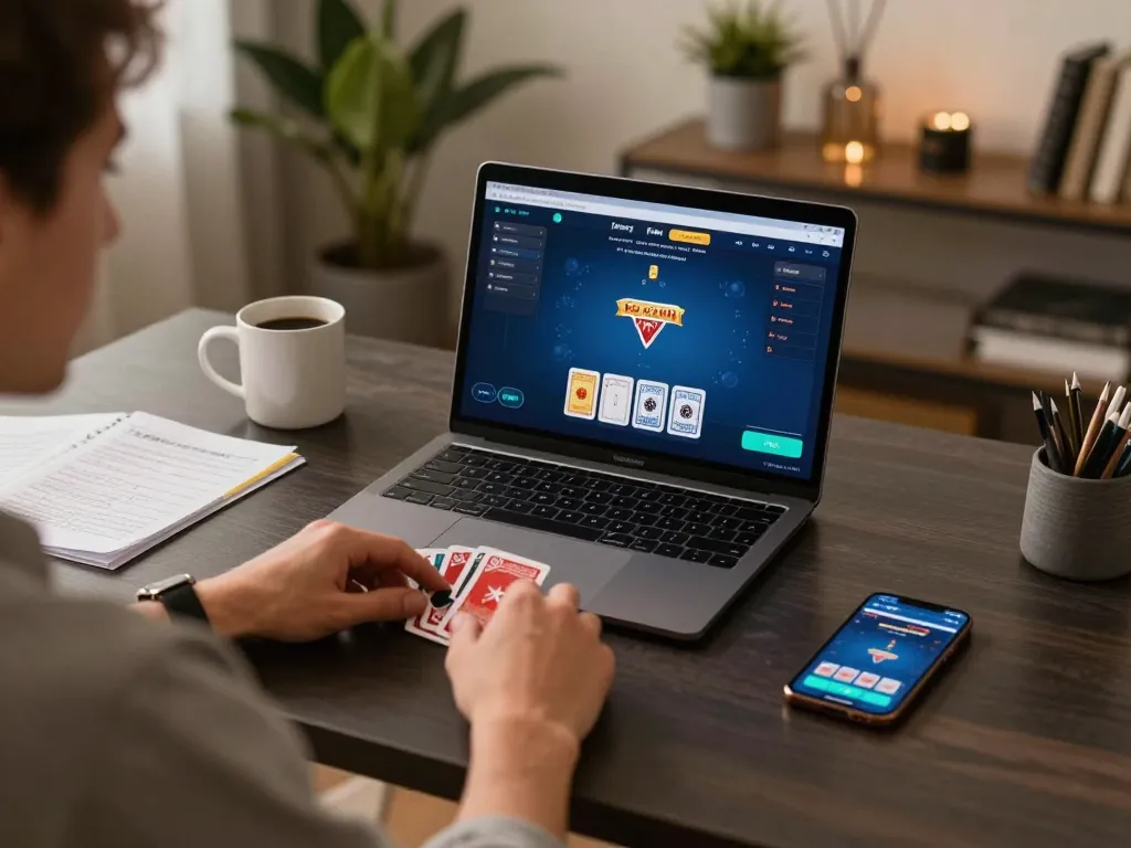 Player engaging in online poker on their laptop, showcasing five88z gameplay and strategy from home.