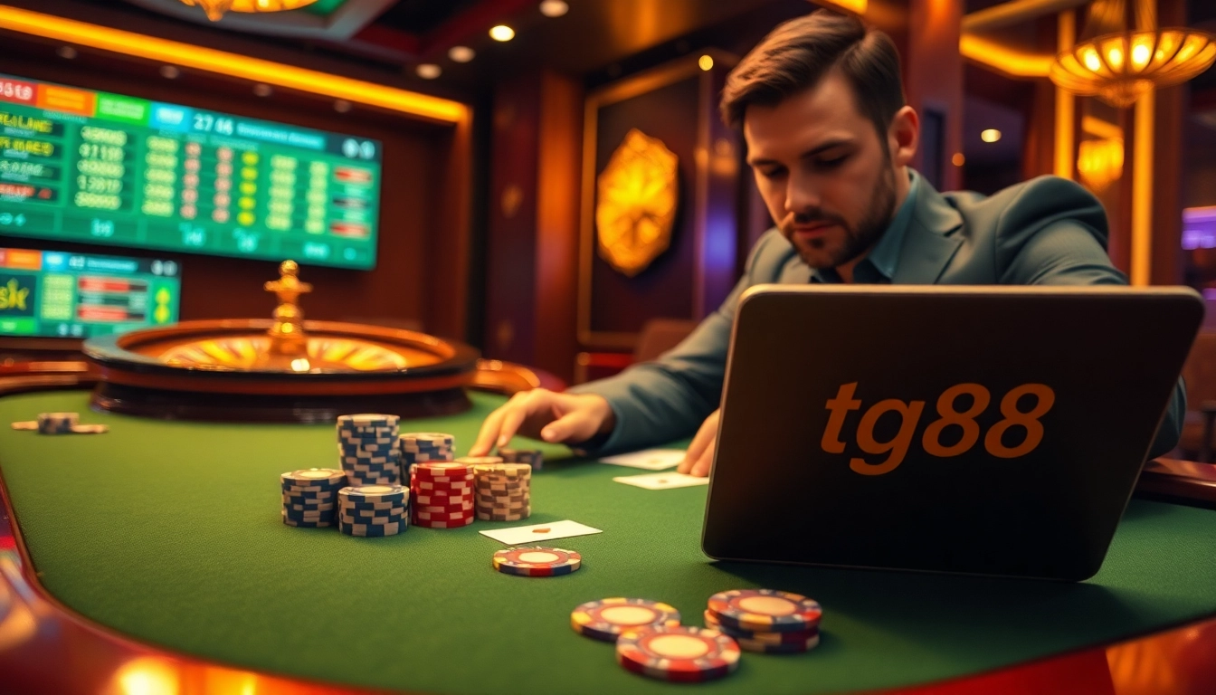 Engaging professional gambler placing strategic bets on https://tg88.actor/ poker table with colorful chips