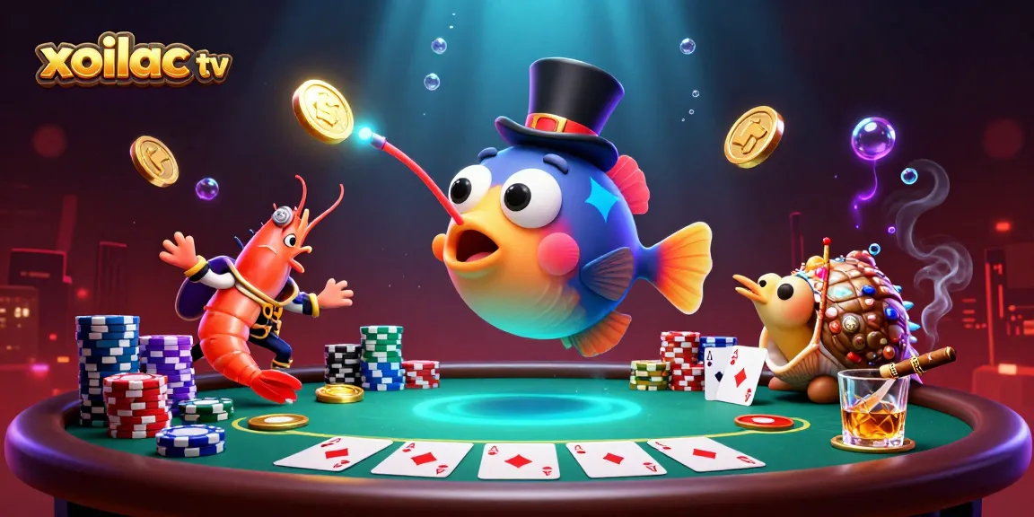 Xoilac TV showcases a vibrant 3D illustration featuring a pirate shrimp and glowing anglerfish attracting golden coins around poker elements.