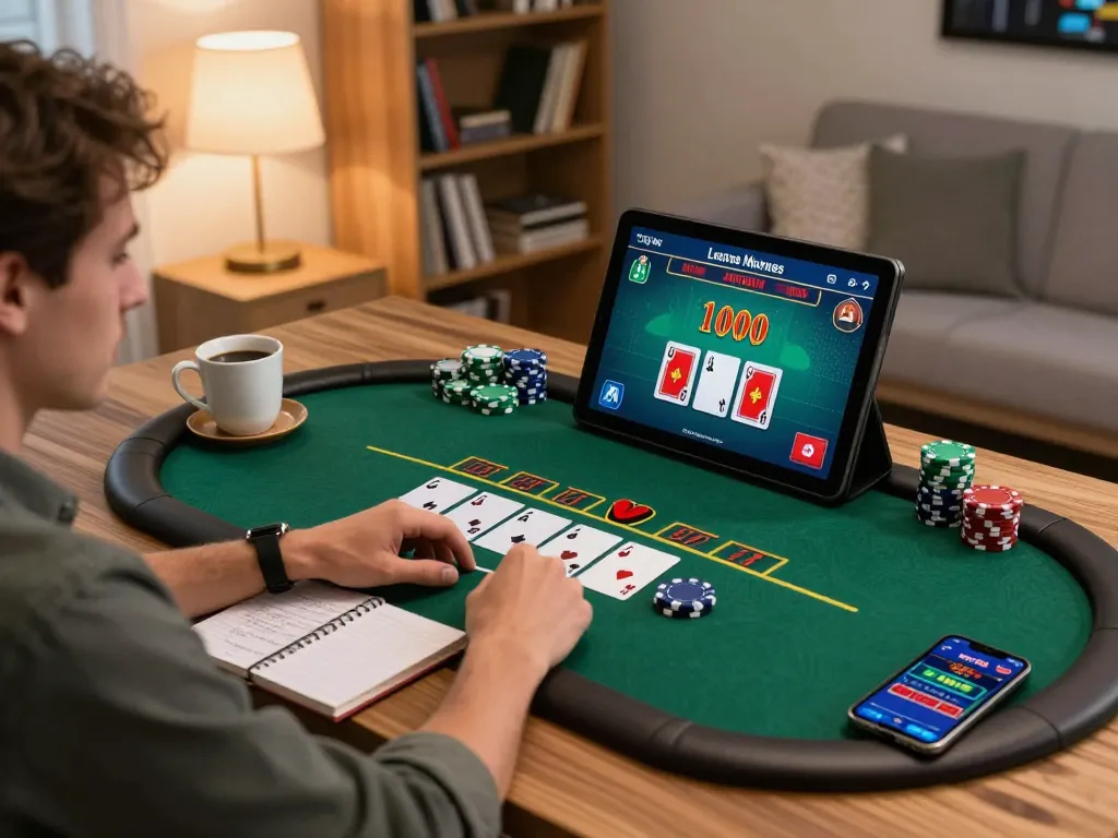 Player enjoying blackjack on BL555 app in a cozy home setup, embracing responsible gaming.