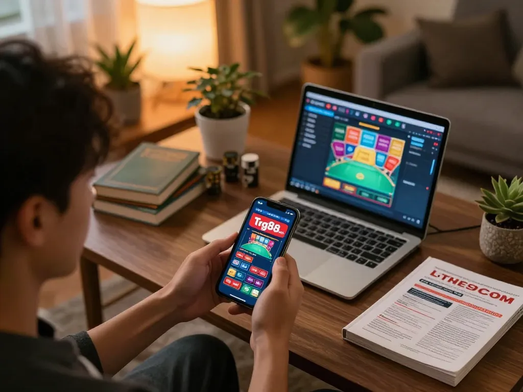Engaging gaming session on Tg88.com with a player using a smartphone at home, showcasing a cozy atmosphere.