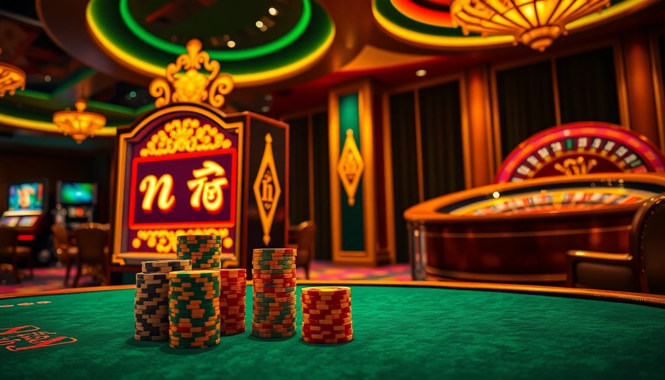 Experience the thrill of nổ hũ with vibrant slot machines and luxury casino tables.
