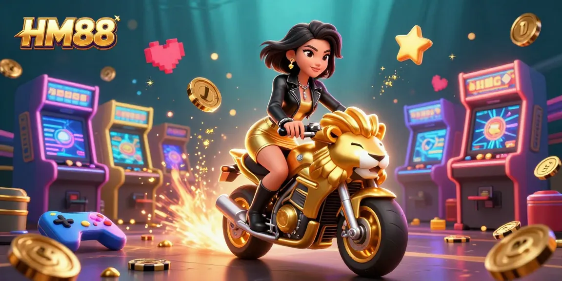 Experience thrilling gaming at HM88 with a glamorous Asian woman racing on a golden lion amidst exciting casino elements.