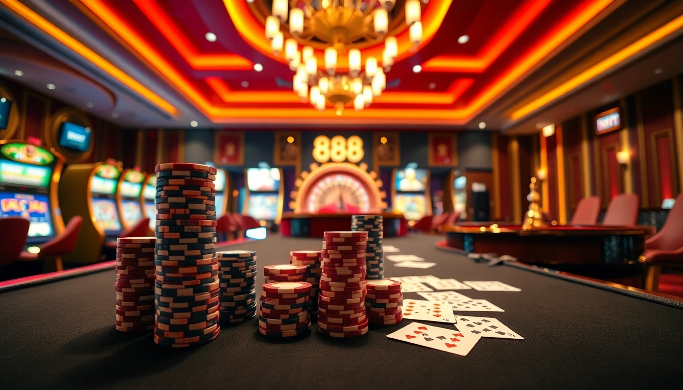 Experience the thrill of gaming at 888P with stylish casino tables, vibrant slot machines, and poker chips ready for action.